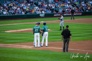 Austin Jackson and Chris Woodward on first base, Safeco, Seattle USA