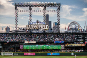 Evening skies over the light fittings, Safeco, Seattle USA