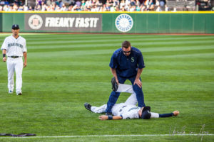 Seattle Mariner stretching on the grass, Safeco, Seattle USA