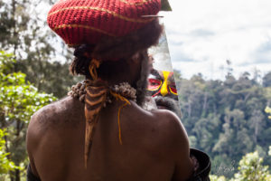Western Highland man applying face paint in a hand mirror, Paiya Village, Papua New Guinea.