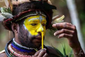Portrait: Huli Wigman applying face paint, Paiya Village, Papua New Guinea.