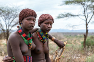 Portrait: Two unwarried Hamar girls, Omo Valley Ethiopia