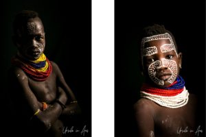 Composite portrait: two painted Kara children, Dus Village, Omo Valley Ethiopia