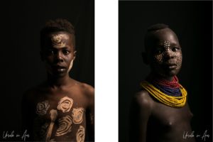 Composite portrait: two painted Kara children, Dus Village, Omo Valley Ethiopia