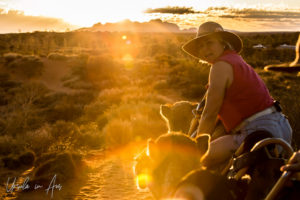 Sun-Flares over Kata Tjuta and a camel rider, Yulara, NT Australia