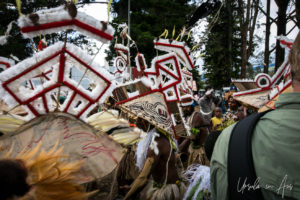 Red and white triangle hats: dancers, Mt Hagen PNG