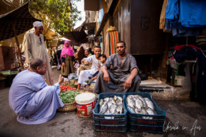 Egyptian men in kaftans negotiating fish sales, Luxor