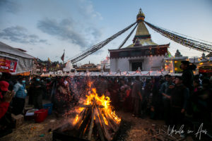 Bonfire outside one of the Boudhanath temples, Kathmandu Nepal.