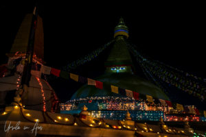 Light on the eyes of the Boudhanath after dark, Kathmandu Nepal