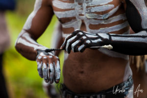 Close-up: skeleton-man painting his hands, Mt Hagen Papua New Guinea.