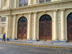 Ornately carved wooden doors, Plaza De Armas De Lima Peru