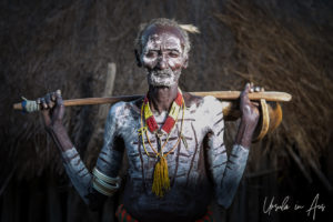 Old Kara man in body paint, with his stick and headrest, Dus Village Ethiopia