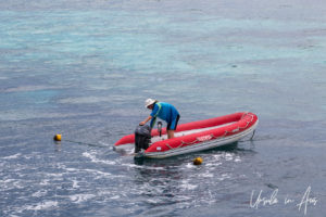 Setting a motor on a dinghy, Reefworld, Queensland Australia