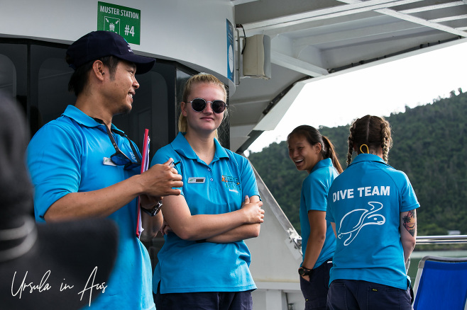 Four young adults in Dive Team polo-shirts, Cruise Whitsunday catamaran, Australia