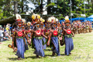 Western Highlands dance group in blue skirts and red chest shields, Mt Hagen Cultural Show, PNG
