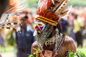 Portrait: Western Highlands man in feathers, shells and face paint, Mt Hagen Cultural Show, PNG