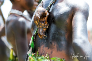 Kumipana boy with the skull of a small animal on his back, Mt Hagen Cultural Show, PNG