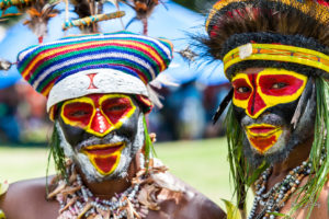 Portrait: Two Western Highland Men in face paint, Mt Hagen Cultural Show, PNG