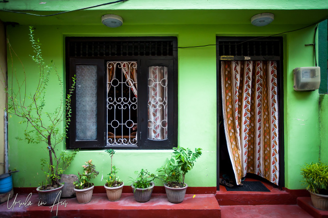 Bright green house front with plants on the porch, Slave Island Colombo, Sri Lanka