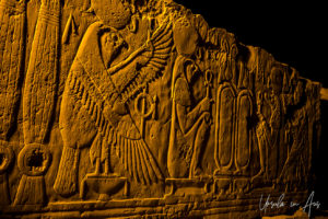 Horus the Falcon God in the Ptolemaic Temple, Kom Ombo Temple after dark