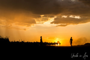 Silhouetted goats and goatherds on the plateau, Dus Village Ethiopia