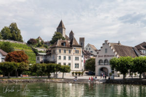 Historic Rapperswil waterfront buildings from Lake Zurich, Switzerland.