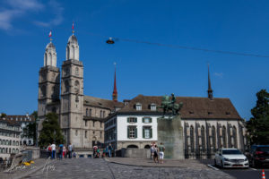the Hans Waldmann statue with The Grossmünster behind, Zurich Switzerland