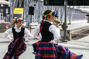 Female Norwegian folk dancers, Bergen train station