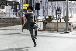 A male Norwegian folk dancer, Bergen train station