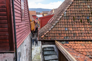 Tiled roofs and cobbled streets, Bryggen, Bergen Norway