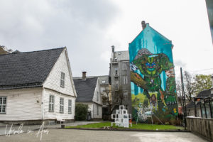 Street art of a troll and a wolf, Danckert Krohn seniorsenter, Kong Oscars gate, Bergen Norway