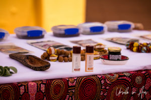 Bush tucker plants laid out on white basket, Arkani Theatre, Ayers Rock Resort NT Australia.