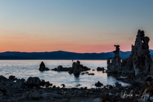 Pink evening sky over the tufa on the lake, Mono Lake Tufa State Natural Reserve, California USA