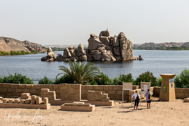 Tourists in the courtyard of the Temples of Philae, Agilkia Island, Egypt