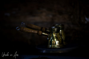 Two cezves on a dark hotplate, Agilkia Island, Egypt