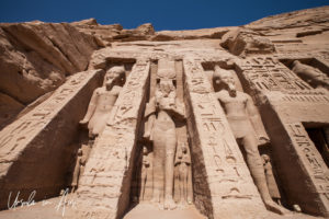 Three standing statues at the front of the Queen Nefertari Temple At Abu Simbel, Egypt