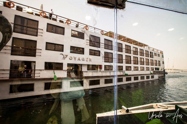 Cruise boat tied up on the Nile at Aswan, Egypt