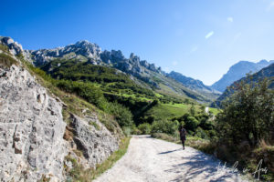 Walker on the Vega de Sotres, Picos de Europa, Asturias Spain.