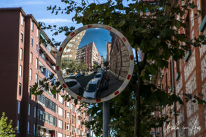 Street viewed through convex mirrors C. de Castilla, Santander Spain