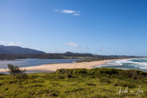 Landscape: View over the sandbar between the ocean and Wallaga Lake, Bermagui Coastal Walk, NSW Australia