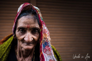 Portrait: Old woman in a headscarf, Haridwar India