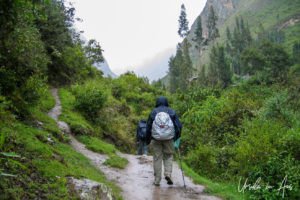 Trekker with a raincove on her backpack, the Inca Trail, Peru