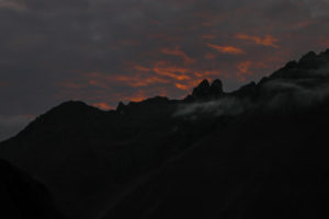 Pink pre-dawn clouds over Wayllabamba on the Inca Trail, Peru