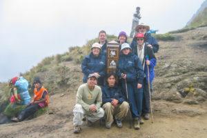 Trekkers at the top of the Abra de Warnmi Wanusca, the Inca Trail, Peru.