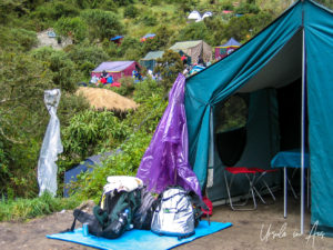 Colourful tent and packs, the Pacamayo River, the Inca Trail, Peru