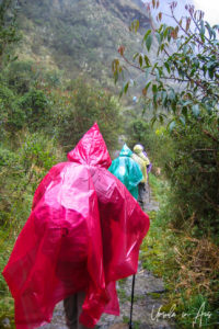 Trekkers in colourful raincoats, the Inca Trail, Peru.