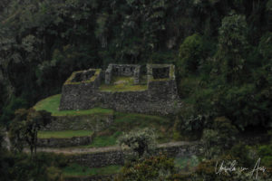 View over darkened ruins at Sayaqmarka, on the Inca Trail, Peru
