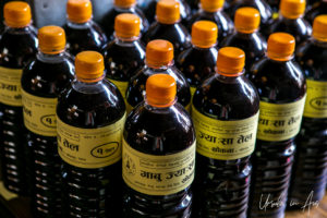 Bottles of mustard oil, Khokana, Nepal