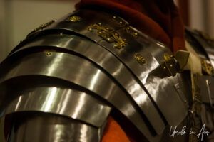 Detail: Roman legionary plated armour, National Roman Legion Museum in Caerleon, Wales