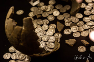 Display of Roman coins, National Roman Legion Museum in Caerleon, Wales